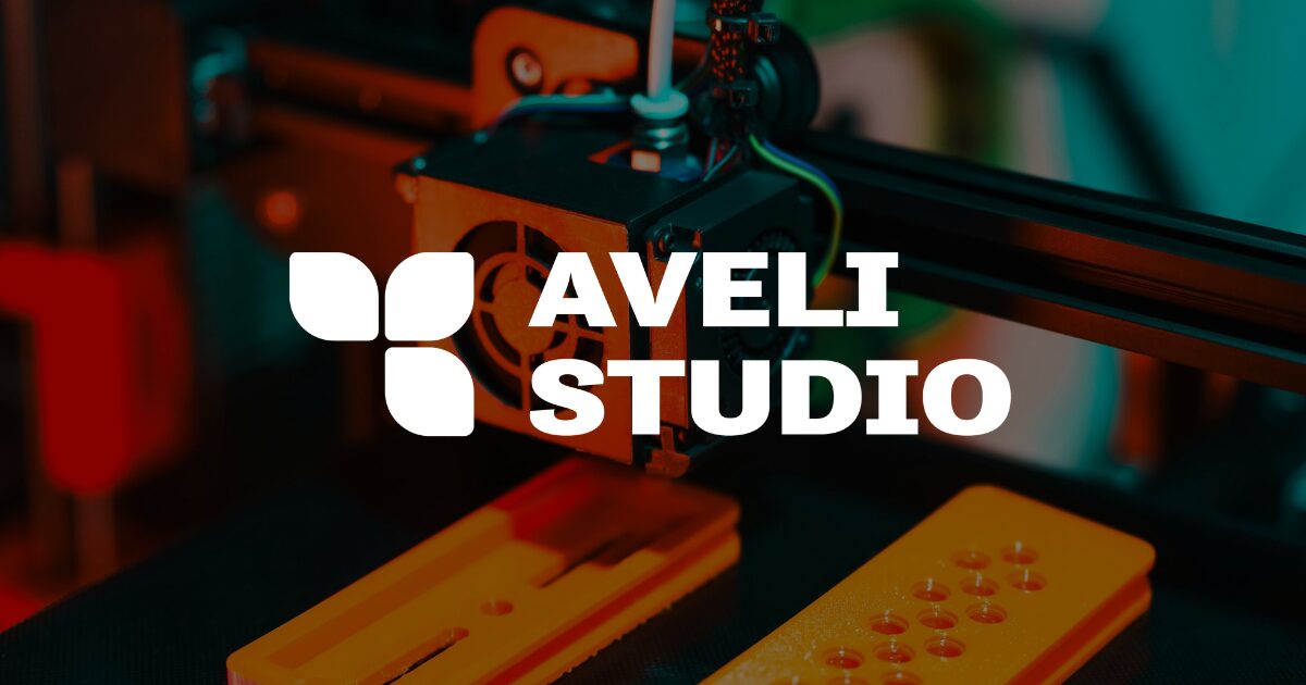 Aveli Studio logo overlaid on a close-up of an industrial 3D printer print head manufacturing custom orange plastic components.