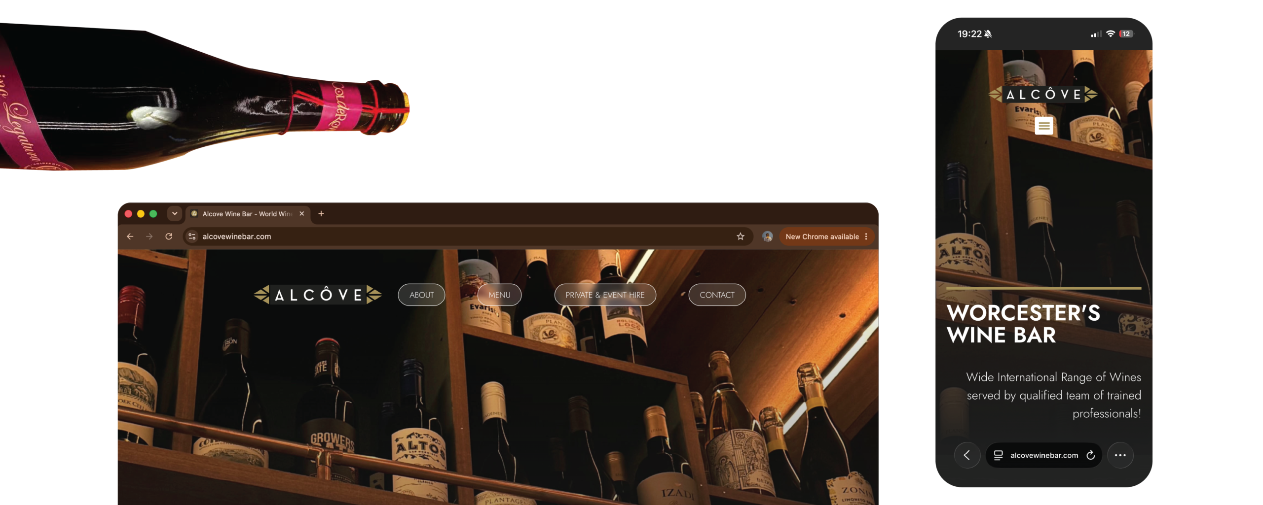 two images showing the Alcove Wine Bar User interface for desktop and mobile with a bottle of wine above